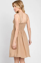 Tawny Brown Front Tie & Button Detail Smocked Back Tank Dress