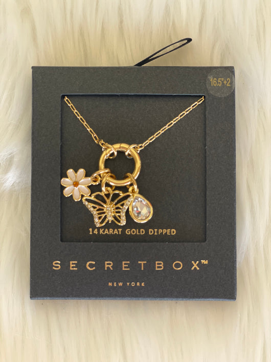 Secret Box 14K Gold Dipped Butterfly, Flower & Teardrop Charm Necklace