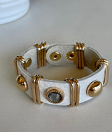 White Faux Leather With Gold Details Snap Closure Bracelet