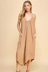 Tan Wide Leg Midi Sleeveless Jumper w/Pockets