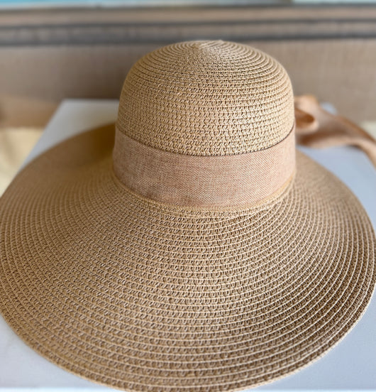 Tan Straw Sunhat Visor w/Burlap Bow in Back and Adjustable Fit