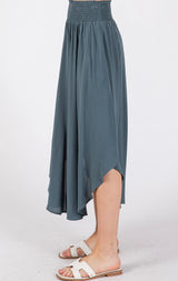 Teal Flowy Midi Skirt with Smocked Waistband, Round Hem & Pockets