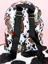 Country Girl Cow Print Small Backpack w/Black Adjustable Straps & Front Zipper Pocket