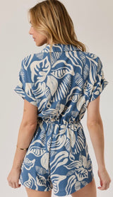 Denim & Ivory Tropical Leaf Print Short Sleeve Button Down Romper w/Pockets