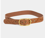Brown Embroidered Design Belt w/Gold Oval Buckle