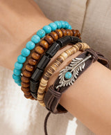 Silver Feather on Brown, Turquoise and Black Set of 5 Beaded Bracelets