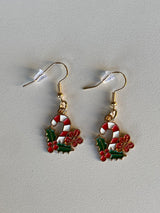 Candy Cane & Holly Christmas Gold Fishhook Earrings