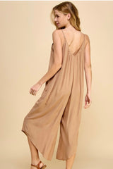 Tan Wide Leg Midi Sleeveless Jumper w/Pockets