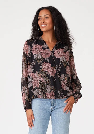 Black & Dusty Rose Floral Shimmer Long Sleeve Wrap Blouse by Lovestitch
