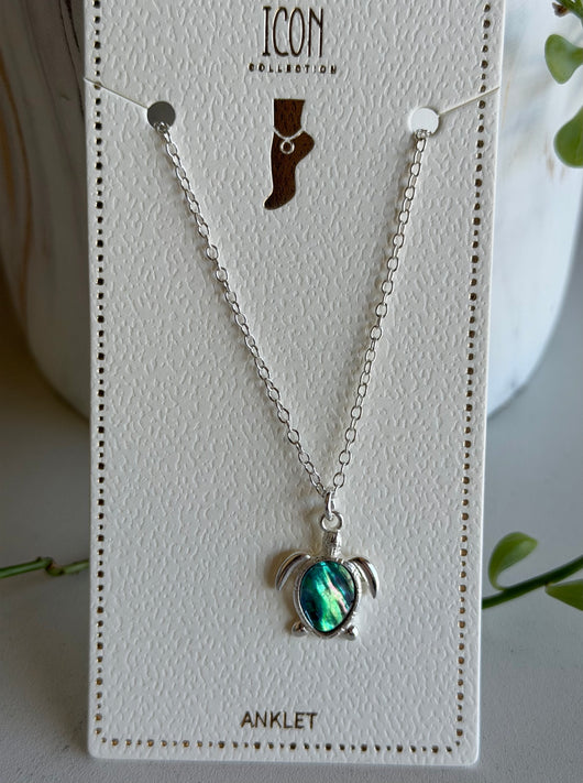 Sea Turtle Silver Chain & Abalone Anklet