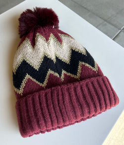 Burgundy, Black & Gold Chevron Pattern Pom Pom Beanie w/Fold Over Cuff