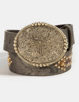 Brown Metallic Vegan Leather W/Gold Studs and Animal Design Belt with Gold Cross Buckle
