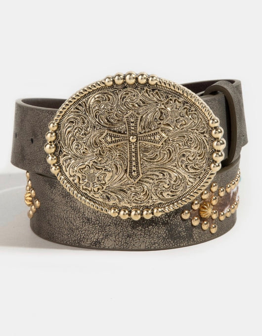 Brown Metallic Vegan Leather W/Gold Studs and Animal Design Belt with Gold Cross Buckle