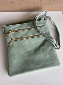 Mint Crossbody Purse w/Outer Zipper Pockets & Stripe Lining