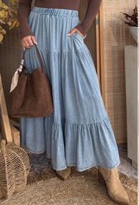 Light Denim Tiered Maxi Skirt w/Elastic Waist & Pockets