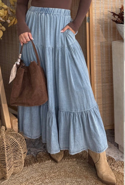 Light Denim Tiered Maxi Skirt w/Elastic Waist & Pockets