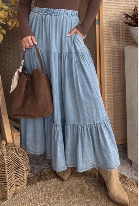 Light Denim Tiered Maxi Skirt w/Elastic Waist & Pockets