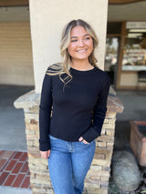 Black Ribbed Long Sleeve Crewneck Sweater Top