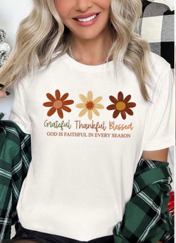 Boho Fall Flower Grateful, Thankful, Blessed Vintage White Graphic Tee