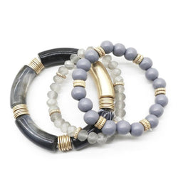 Gray & Gold Glass Tube Set of 3 Stretch Beaded Bracelets