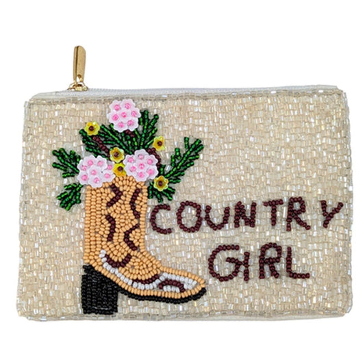Country Girl Boot Cream Sparkly Zipper Pouch