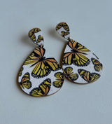 Flutter White Teardrop Post Earrings w/Yellow Butterfly Design
