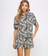 Ecru & Black Tropical Leaf Print Button Down Short Sleeve Shirt