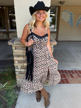 Boots & All Black & Tan Tank Midi Dress w/Black Lace Trim, Smocking and Adjustable Straps