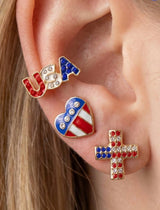 USA, Heart & Cross American Flag & Gold Set of 3 Earrings