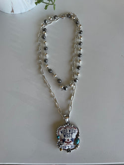 Wild Wild West Pendant on Silver Chain & Grey Bead Layered Necklace