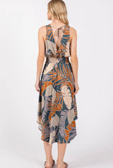 Slate & Rust Leaf Print Tank Midi Dress w/Smocked Waist, Back Tie & Pockets