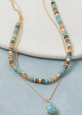 Multi Color Beads & Gold Chain w/Turquoise Stone Layered Necklace