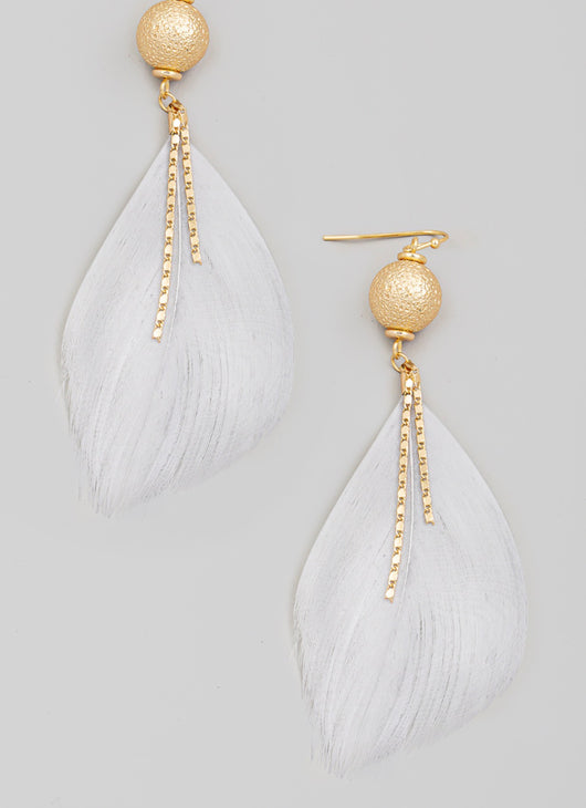 Gray Feather & Gold Ball w/Chain Fishhook Earrings