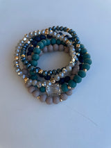 Teal & Blue Set of 5 Stretch Beaded and Glass Bracelets