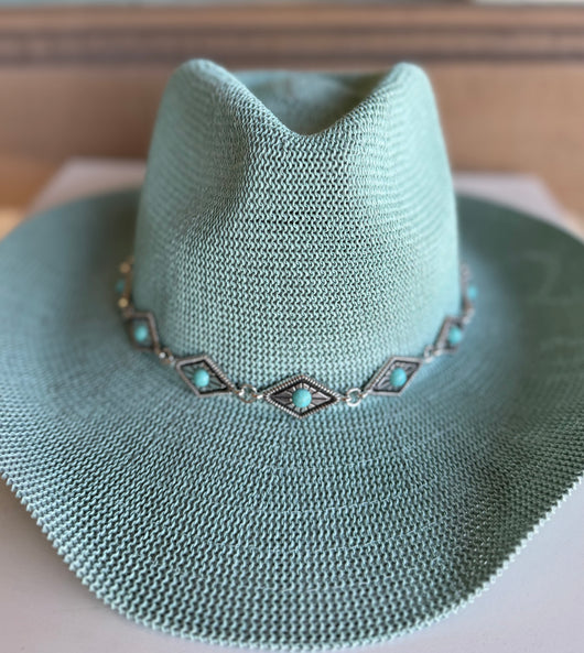 Turquoise Cowgirl CC Brand Sunhat w/Silver Diamond & Turquoise Stone Metal Band