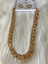 Gold & Rhinestone Chunky Chain Link Necklace and Earring Set