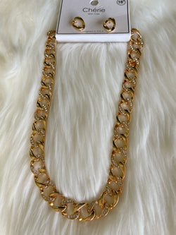 Gold & Rhinestone Chunky Chain Link Necklace and Earring Set