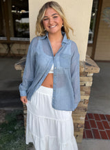 Light Denim Blue Sheer Long Sleeve Button Down Top