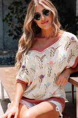 Wild Flower Embroidered Knit Short Sleeve Ivory Sweater Top