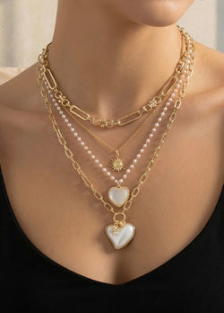 Heartbeat Necklace - Gold & Pearl Hearts Layered Chain Necklace