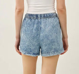 Marble Denim Wash Tencel Shorts w/Elastic Tie Waist and Pockets