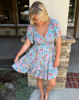 Teal Bayou Floral Print Tiered Short Dress by Angie