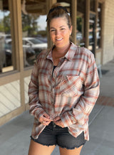 Classic Almond & Amber Plaid Plus Size Flannel w/Round Hem & Open Front Pocket