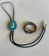Western Girl Black Rope & Turquoise Concho Stone Bolo Necklace