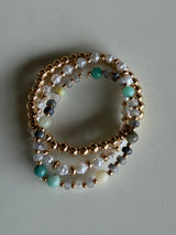 Mixed Blues, Gold & Pearl Set of 3 Stretch Beaded Bracelets