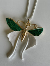 Beautiful Butterfly Necklace w/Silver Long Rope Chain, Gold and Emerald Green Wings