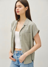 Sage Green Short Sleeve Button Down Tencel Top