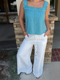 Off White Beachy Wide Leg Pants w/Elastic Tie Waist & Pockets