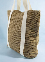 Tan Woven Straw Large Tote Bag w/Hat Holder, Zipper Closure & Pocket