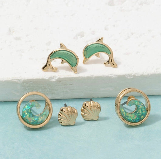 Sea Life Gold & Teal Shell, Dolphin & Wave Post Earrings Set